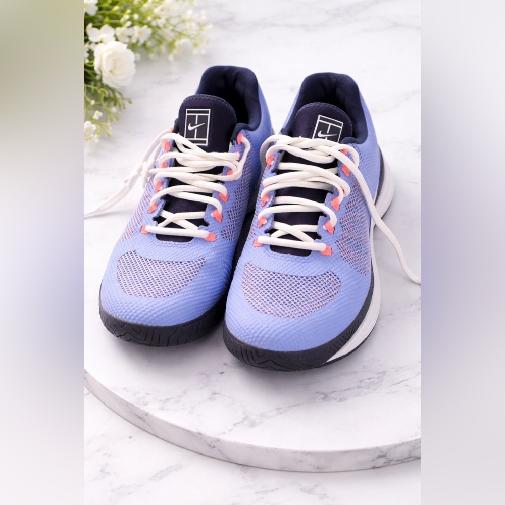 Nike Women's Blue and Black Sneakers with Coral Eyelet Details - Picture 2 of 7